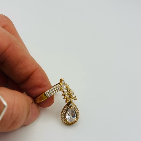 Gold Tone Statement Ring with Articulated Teardrop | Size 8 | CZ Cocktail Ring - Picture 2 of 8